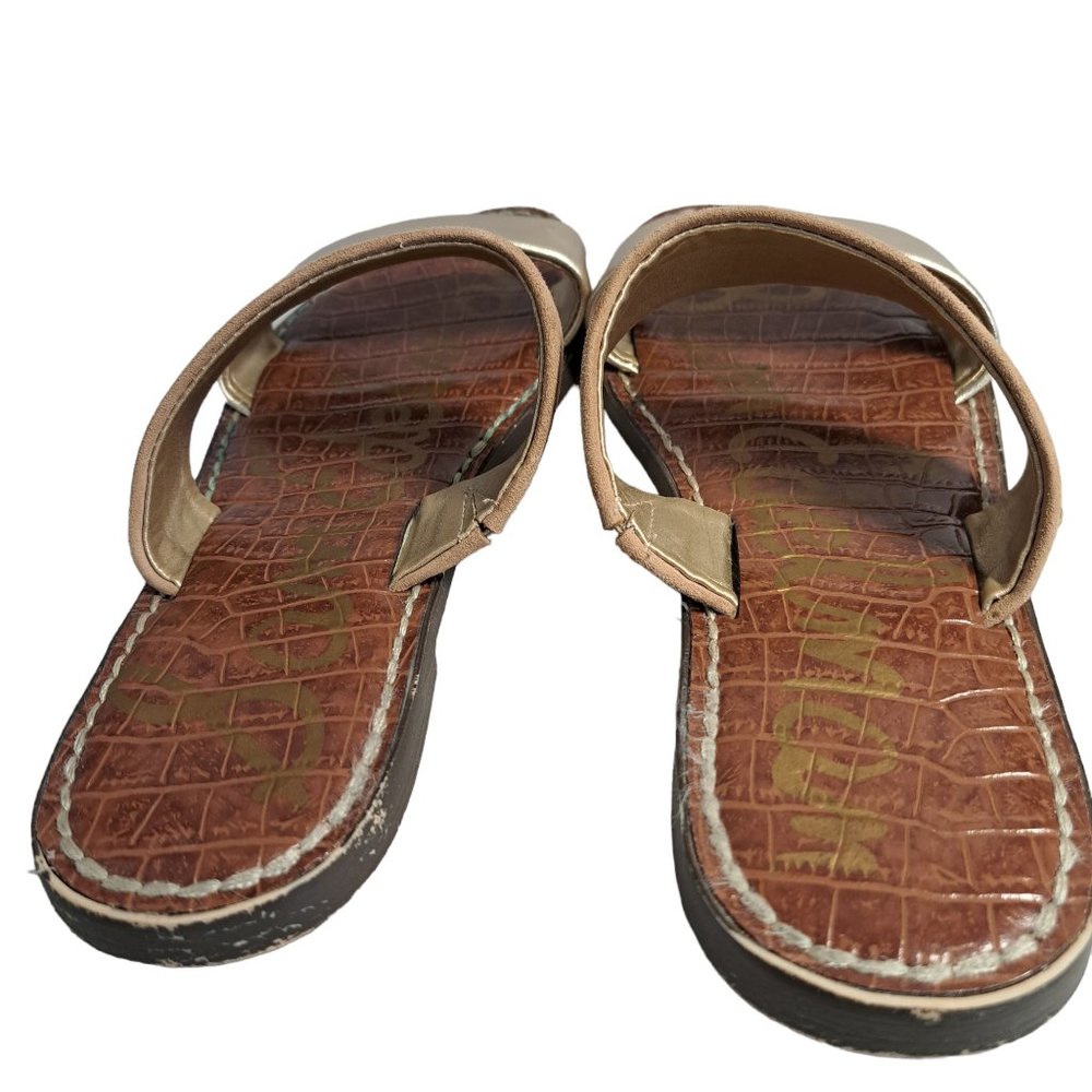 Sam Edelman Tan & Gold Faux Leather Double Strap Slip On Sandals Size 6.5 - Picture 3 of 10